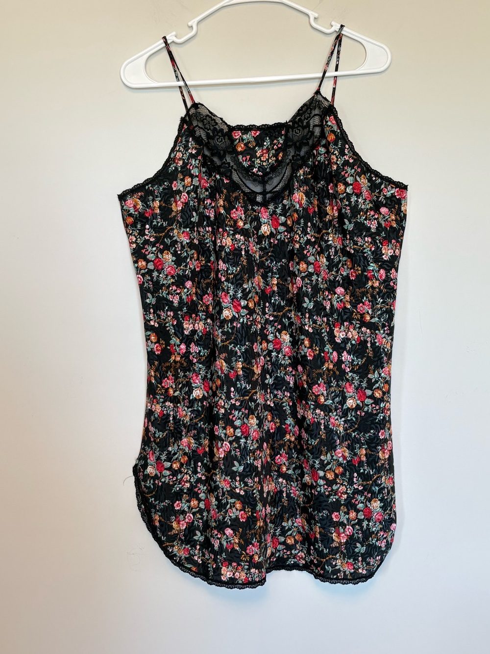 Vintage Style Black Floral Lace Trim Camisole Cami Top Spaghetti Strap M